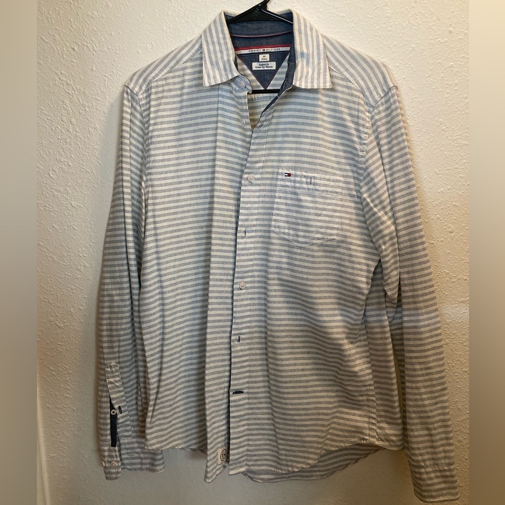 Tommy Hilfiger White Blue Stripes LS Shirt SMALL